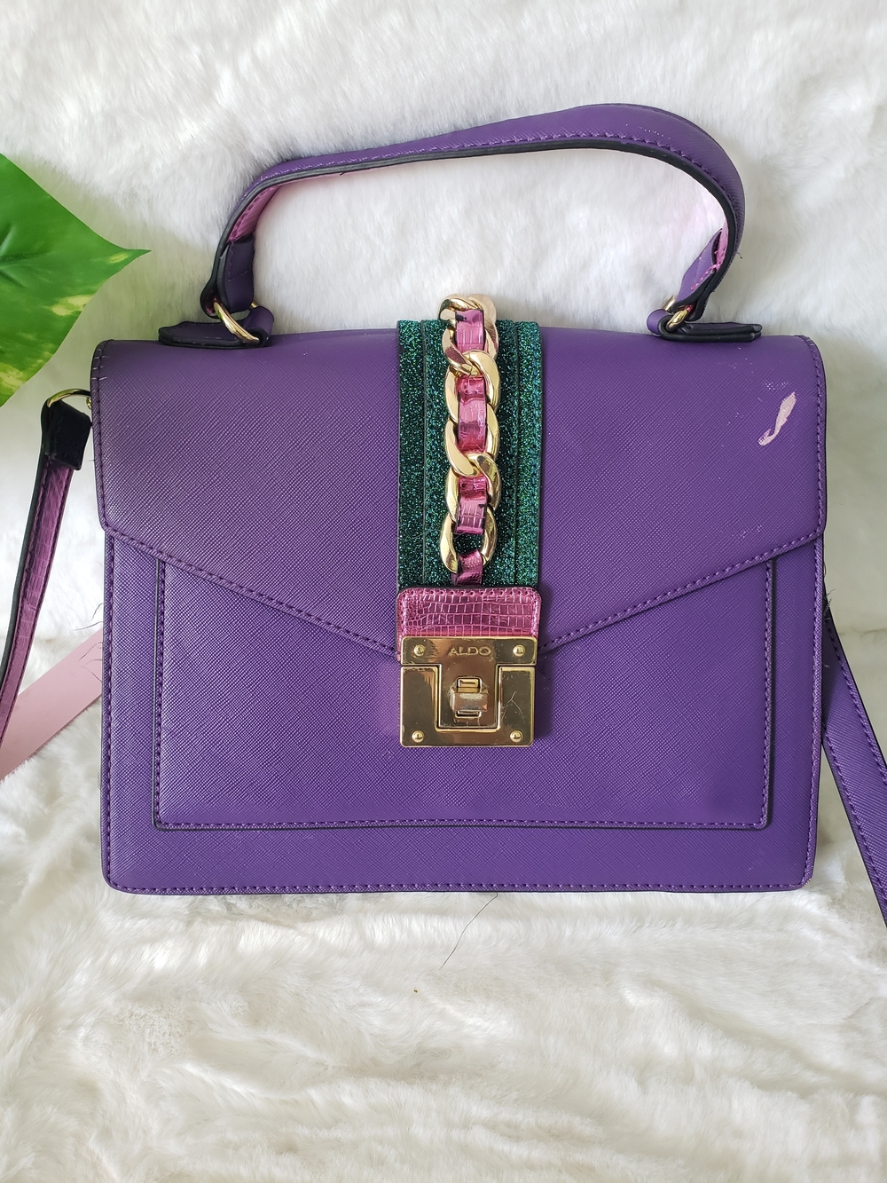 ALDO Purple Satchel with Green & Pink Chain Accent